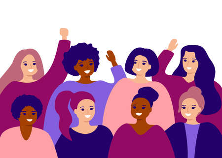 Happy group female of different ethnicity. International womens day. Women empowerment movement, friendship. Vector flat illustrationのイラスト素材
