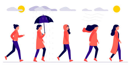 Woman walks outdoors in different autumn weather. Young girl in red coat outside house, sun is shining, cloudy, wind, rain. Woman with an umbrella in rain, cold season. Vector flatのイラスト素材