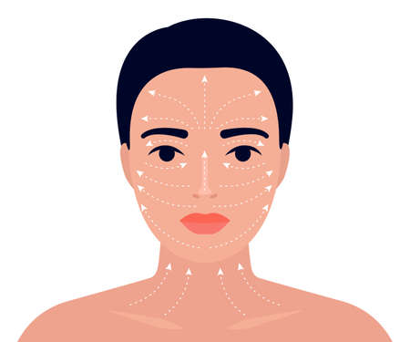 Woman face and neck massage instruction with arrows. Relaxing techniques massage. Apply cream to the face with line massage. Vector flat illustrationのイラスト素材