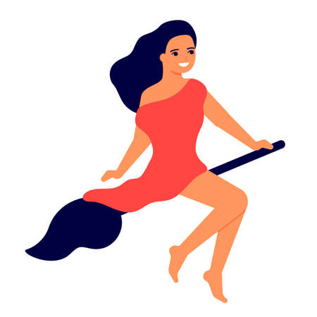 Young girl witch sits on broom and flies, Halloween holiday. Woman in red dress on broomstick. Vectorのイラスト素材