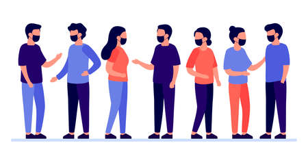 Meeting of group of people with mask for communication, partnership, business relationship. Man and woman talking. Negotiations, discussion of team workers. Vector flat illustrationのイラスト素材