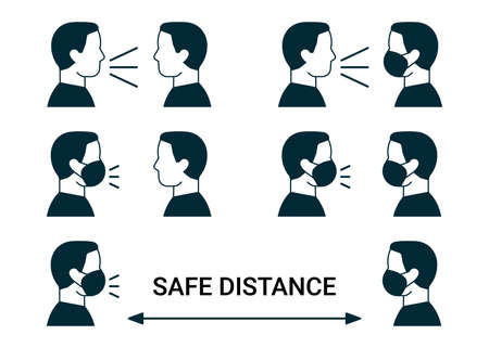 Icon people communicate in face mask, safe distance. Communication measure sign, risk of infection virus. People maintain social distancing to prevent spread of virus, flu, coronavirus. Vectorのイラスト素材