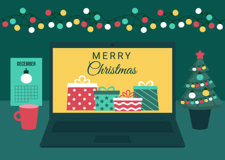 Holiday with gifts on screen laptop. Buying, receiving, giving gifts online via Internet. Celebration Christmas and New Years holiday. Vectorのイラスト素材