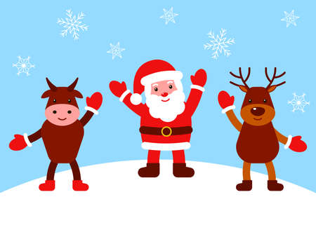 Happy santa claus, deer and bull waving hands. Christmas characters. Vector flat illustrationのイラスト素材