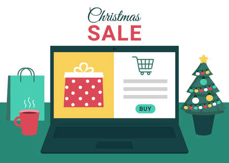 Christmas online shopping, sale. Laptop screen with gift boxes. Buy gifts online via Internet. Winter holidays sales. Vector illustrationのイラスト素材