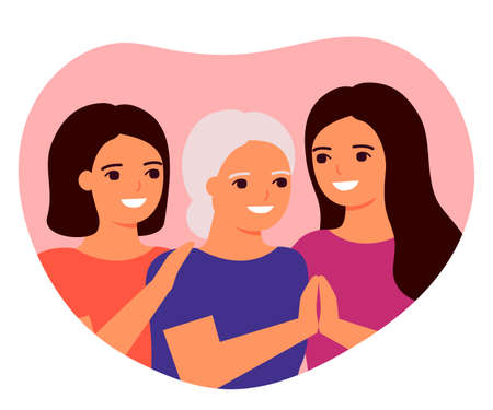Senior mother and adult daughters are hugging. Family love, taking care of granny. Family generation, grandmother, mother and daughter. Mother s day concept. Family understanding, support. Vector flatのイラスト素材