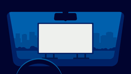 Drive cinema, car movie theater, auto theatre. View from window car in open air parking at night. Outdoor screen with movie scene. Car cinema or drive movie in open air. Vector illustrationのイラスト素材
