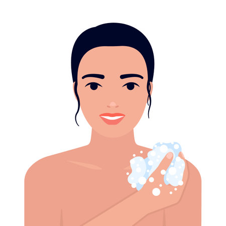 Young woman takes shower, washes. Girl lathers body with sponge and soap. Bathroom procedure, body hygiene, washing. Vector illustrationのイラスト素材