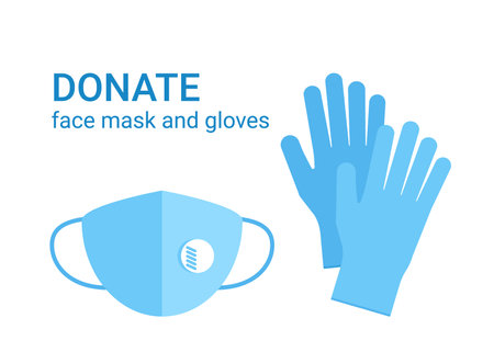 Donate of cloth face mask and protective gloves. Clothes donation of respirator protective face and hand wear as social help. Concept of safety PPE, healthcare and humanitarian aid. Vectorのイラスト素材