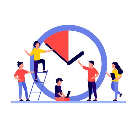 Work time management concept, people and clock, deadline. Business timing, concept of interaction people and time. People rush to do on work, time is running out. Organization and team work. Vectorのイラスト素材