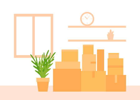Paper cardboard boxes with household thing indoor for moving to new house. Relocated to new home. Move, delivery packages for transportation. Vectorのイラスト素材