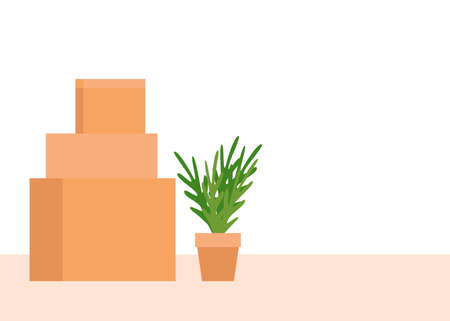 Paper cardboard boxes with household thing indoor in empty room. Relocated to new home, moving to new house. Move, delivery packages for transportation. Vectorのイラスト素材