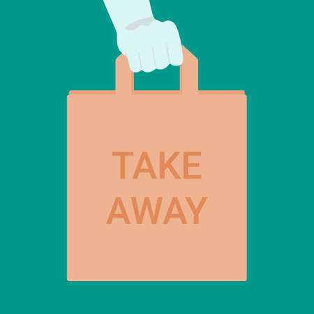 Hand in glove hold eco paper parcel with inscription Take Away. Takeaway food during outbreak time. Pack with food for online delivery service. Vectorのイラスト素材