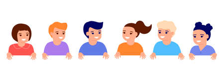 Happy kids hold hands. Smiling little children show, represent. Young friends, elementary school students, kindergarten pupils boys and girls. Vector illustrationのイラスト素材