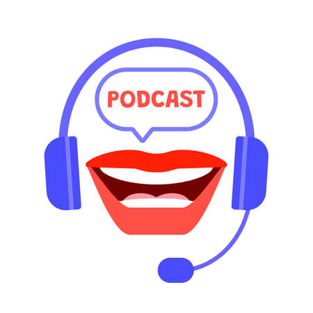 Recording podcast radio studio with headset and mouth icon. Sound equipment, microphone, headset for speak. Vector illustrationのイラスト素材