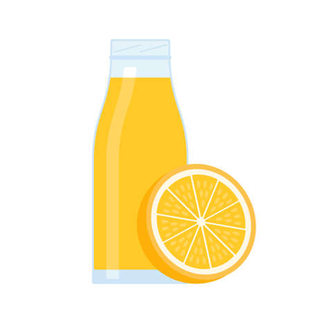Orange fruit juice in glass bottle and half orange. Fresh citrus fruit drink with vitamins. Vector illustration on white backgroundのイラスト素材