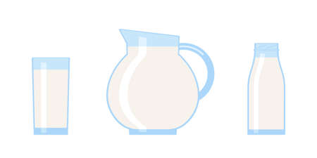 Milk in glass, jug and bottle. Fresh milk drink with vitamins. Milk beverage for breakfast. Vector illustration on white backgroundのイラスト素材