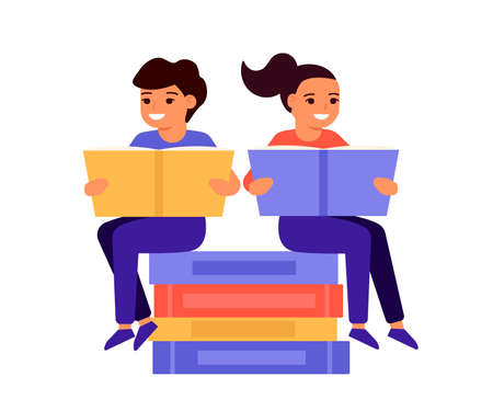 Children sit on pile of books, read book together, and enjoy literature. An open book for reading, learning, education and entertainment. Cute boy and girl love to read. Vectorのイラスト素材