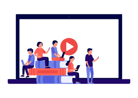 Online education, distance learning on book and video at home concept. Students learning through...