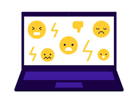Bully, dislike, mockery online social media in computer. Emoji in laptop. Problem harassment, cyber bulling, victim and troll. Vector illustrationのイラスト素材