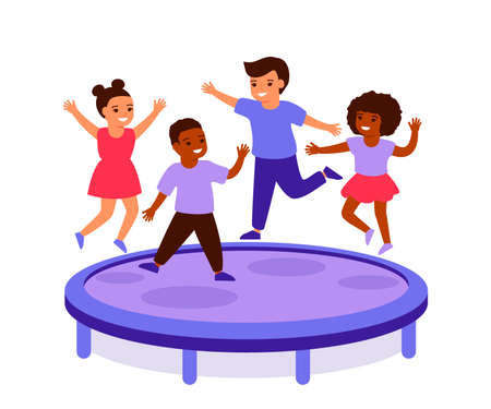 Children jump on trampoline, play game. Boys and girls in playground bounce on trampoline together. Vector flat illustrationのイラスト素材