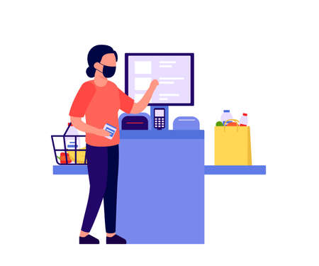 Self checkout shop. Woman paying for products at electronic device. Self-service cashier on terminal with scanner. Cash machine with monitor. Vector flat illustrationのイラスト素材