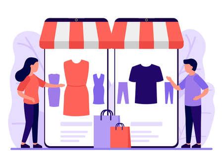Mobile shopping, shop to online. Man and woman buy things in online store through phone app. Choose clothes through smartphone, online shopping, ecommerce. Vector illustrationのイラスト素材