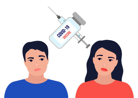 Man and woman doubt, pensive solve question, do choice vaccination. Comparison, ratio between vaccine and virus sick risk. Worried, confused people. Vectorのイラスト素材