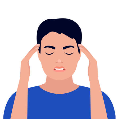 Man is in headache, dizziness, stress, pain in head and anxious thoughts. Young male hold head hands. Depression, mental disorder. Vector illustrationのイラスト素材