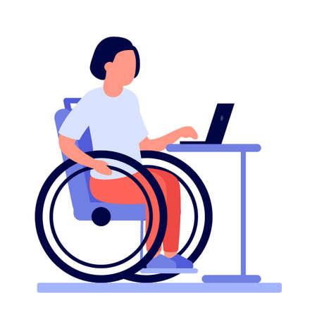 Employee disabled woman on wheelchair work online on laptop. Disabled girl on wheelchair work using computer. Handicap person at workplace. Vector flat illustrationのイラスト素材