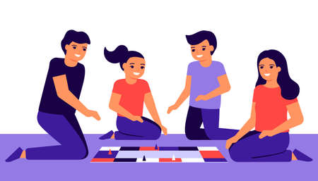 Happy family with children play game at home. Parents and children spending time together. Smiling people play board game. Mother and father with kids. Vector illustrationのイラスト素材