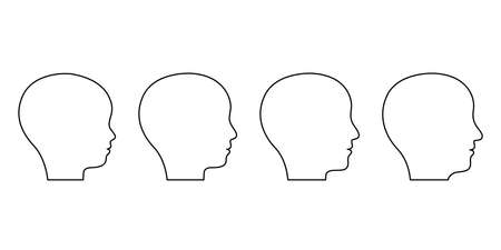 Age stages from child to adult old man, face silhouette profile. Outline of head of child, teenager, adult and elderly. Face change with age. Vector illustrationのイラスト素材