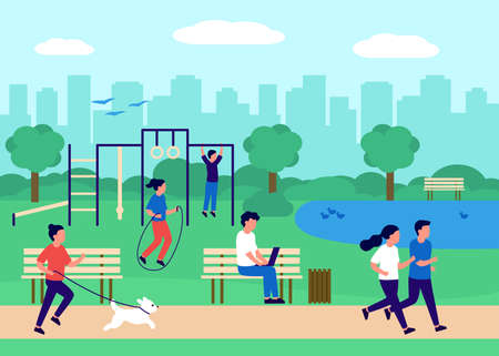 People gathering in city urban park and sport in nature, active exercise, sit on bench with work laptop. City landscape, recreation area with people performing leisure outdoors. Vectorのイラスト素材