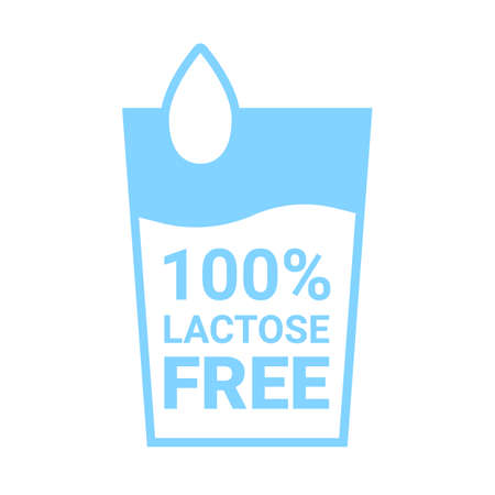 Lactose free 100 icon. Milk in glass with drop sign. No lactose added product package. Design for healthy food product package. Blue cow milk food symbol. Vector labelのイラスト素材