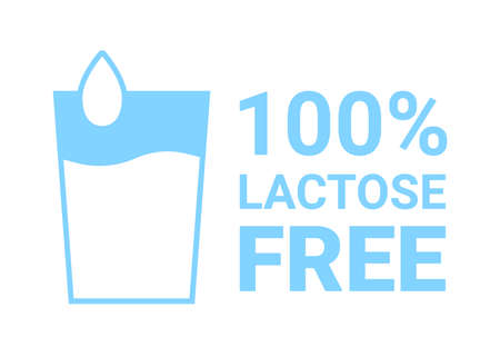Lactose free 100 icon. Milk in glass with drop sign. No lactose added product package. Design for healthy food product package. Blue cow milk food symbol. Vector labelのイラスト素材