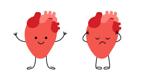 Healthy happy heart and sad unhealthy sick heart characters. Check health of heart. Internal organ. Vector illustrationのイラスト素材