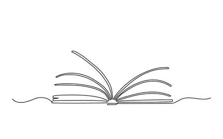 Open book with pages, continuous one line drawing. Library, education supplies, back to school. Vector outline illustrationのイラスト素材