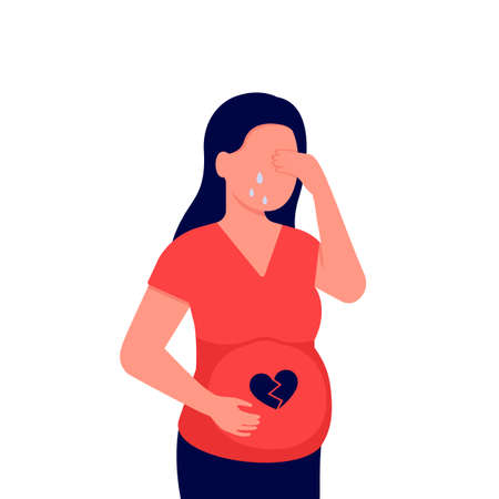 Failed pregnancy with miscarriage, sad woman waiting abortion. Prenatal girl in doubt health. Grief mother, trouble, loss child. Vectorのイラスト素材