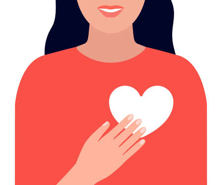 Happy beautiful woman holds heart. Check health and prevention internal organ. Smiling girl in love. Positive feedback, help, thanks. Vector illustrationのイラスト素材