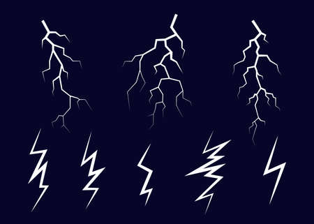 Lightning, electrostatic discharge during thunder bolt, different white line on black sky. Collection of natural phenomena of lightning or thunder. Vector illustrationのイラスト素材