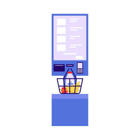 Self checkout shop. Paying for products at electronic device. Self-service on terminal with scanner. Cash machine with monitor. Vector flat illustrationのイラスト素材