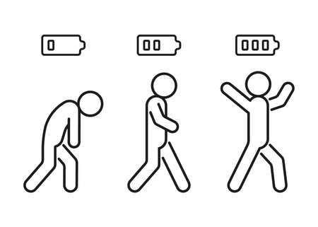 Set level energy person with battery from low tired in full happy, line icon. People with low charge and lack battery energy and human strong power sign with high energy. Burnout, stress. Vectorのイラスト素材