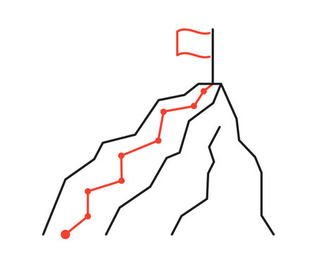 Path to top mountain hill, mission, challenge, plan achievement to goal. Way to peak success. Climbing to top of mountain. Dangerous competition. Flag on rock on finish. Vector lineのイラスト素材
