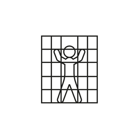 Man in cage prison for punishment, arrest. Punishment for crime, restriction of freedom. Prison term. Court sentence, make justice. Vector lineのイラスト素材