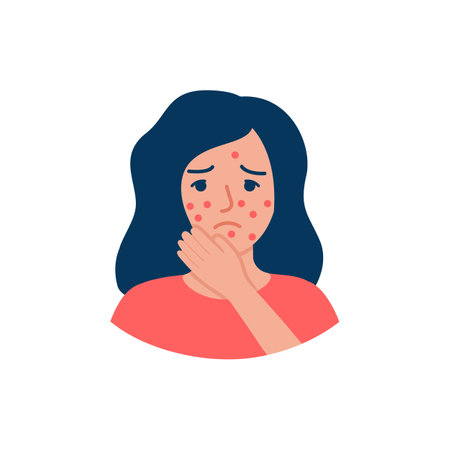 Problem skin on face woman, allergy and acne. Girl is upset and holds on to her face. Vector illustrationのイラスト素材
