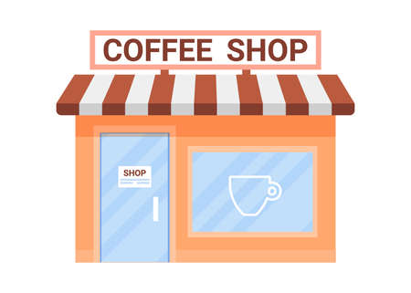 Offline coffee shop building exterior, cafe in store. Business commerce cafe for production of hot drink cappuccino, americano, latte. Small shop in house. Vector flat illustrationのイラスト素材