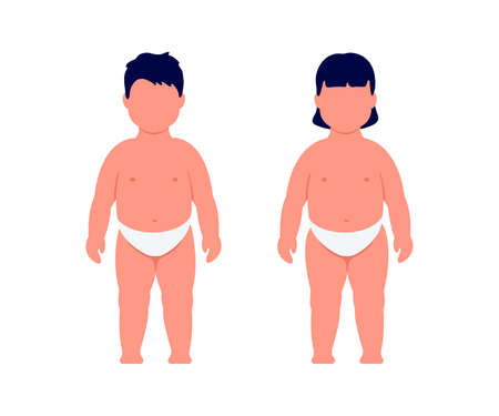 Children overweight, boy and girl obesity, harbinger of diabetes. Check health. Excess weight. Vectorのイラスト素材