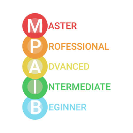 Scheme of level of skills, growth success and achievement, diagram step in business. Title and competence of person. Beginner, medium, advanced, professional, master. Vectorのイラスト素材