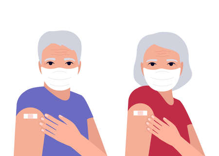 Senior man and woman after immune vaccination show hand with patch. Protection hand with bandage after receiving inoculation. Concept vaccine virus. Vector illustrationのイラスト素材