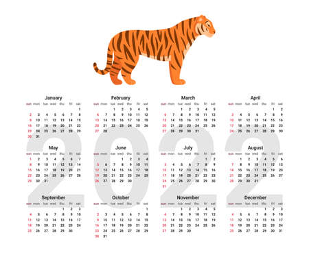 English calendar of 2022 year, calender with tiger. vectorのイラスト素材